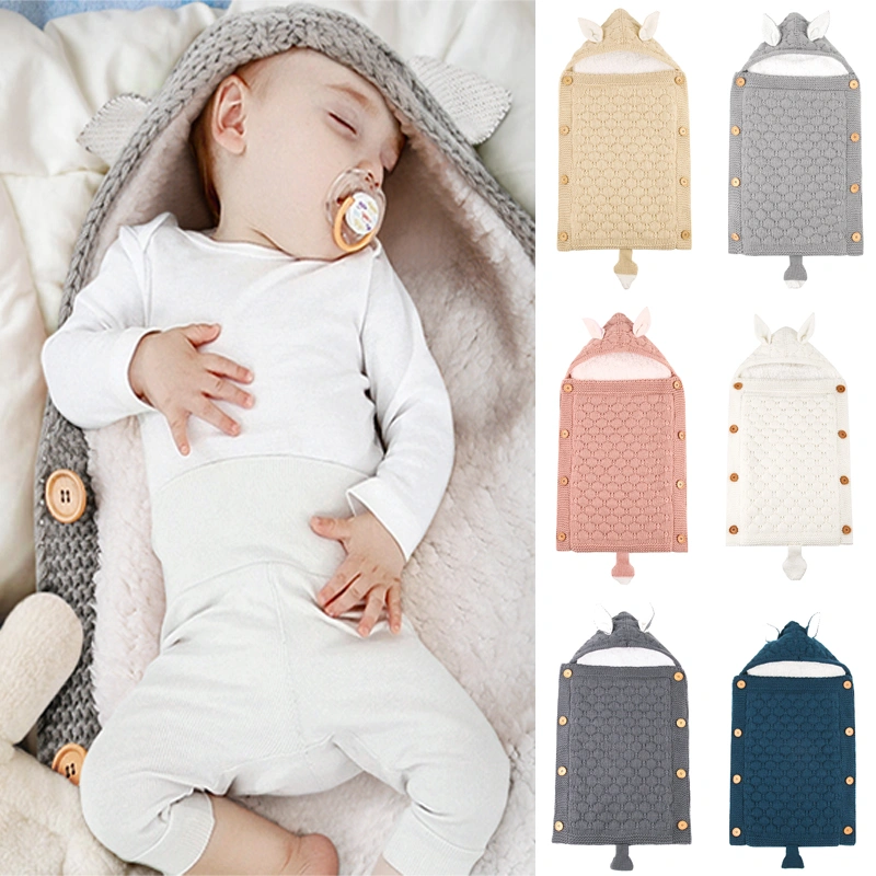 Baby Knitted Hooded Sleeping Bag Cute 3D Animal Ears Tail Button Wrap Blanket