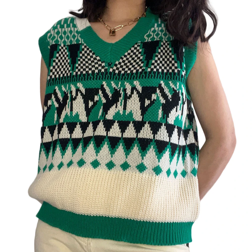 Women's Knitted Vest, V-Neck Sleeveless Printed Loose Outerwear