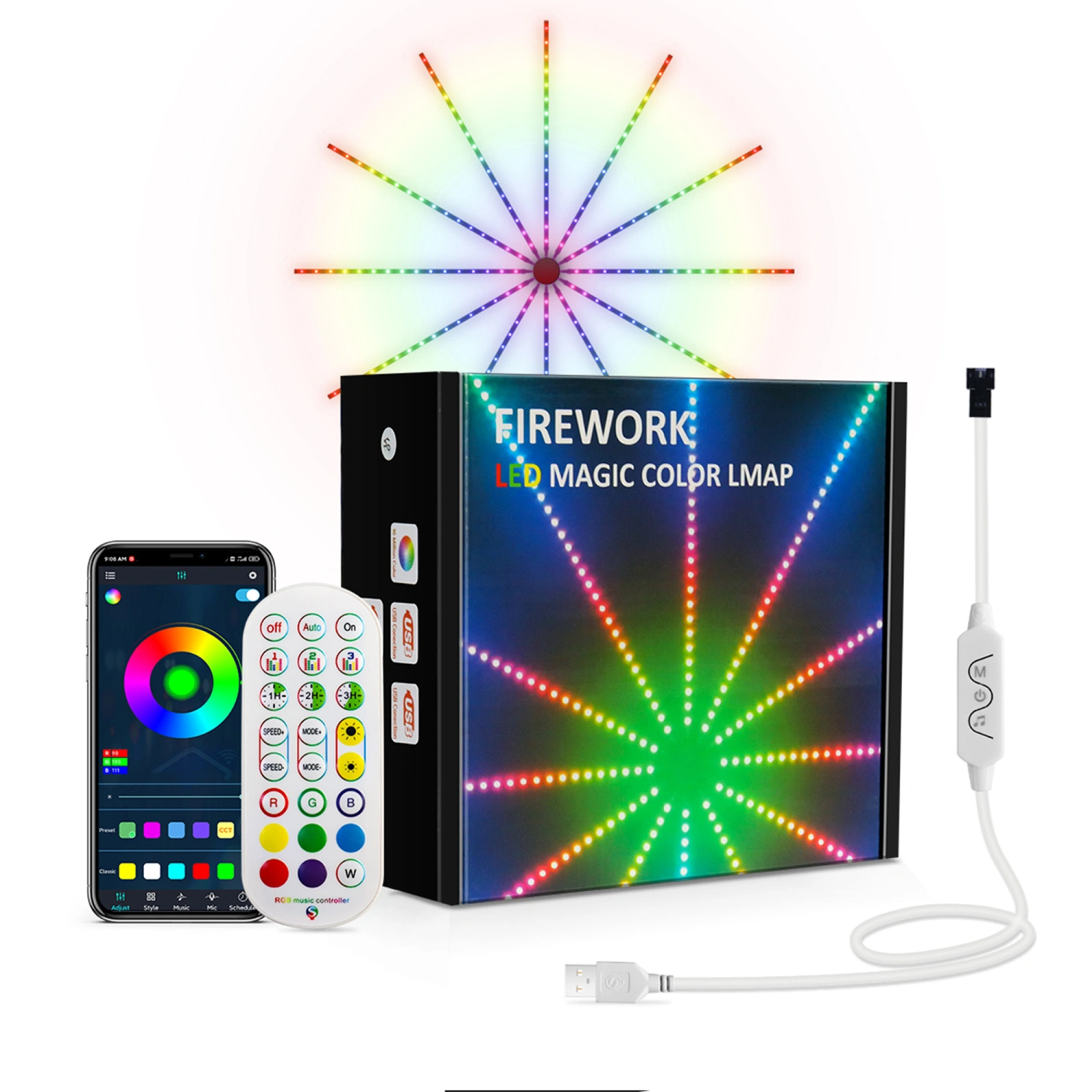 RGB LED Fireworks Light Strip Remote Control USB Powered Light Strip
