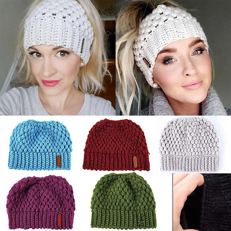 Womens Stretch Knit Hat Messy Bun Ponytail Beanie Holey Winter Warm Hats