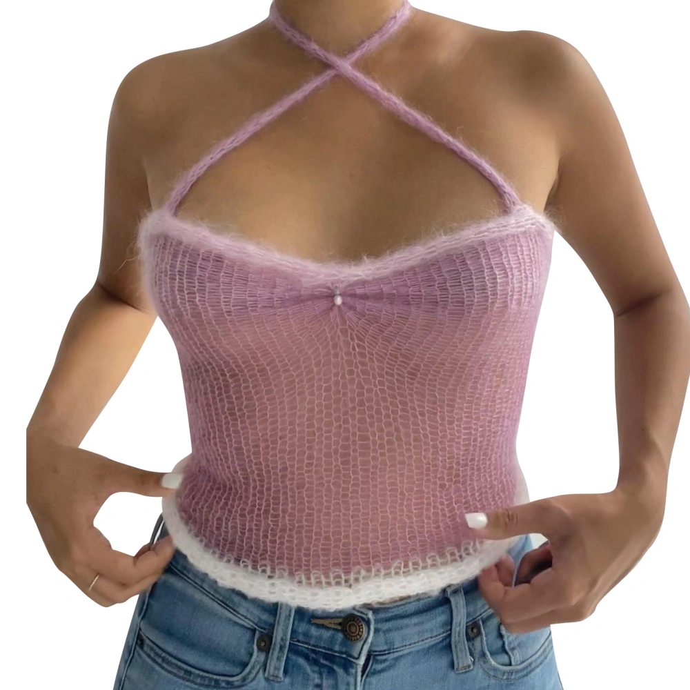 Ladies Tops Spaghetti Straps Cross Halter Panel Knit Slim Vest 