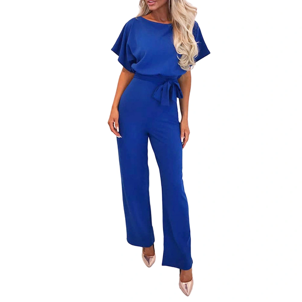 Women Jumpsuit Short Sleeve Hollowed Waist Tie Summer Wide Leg Pants