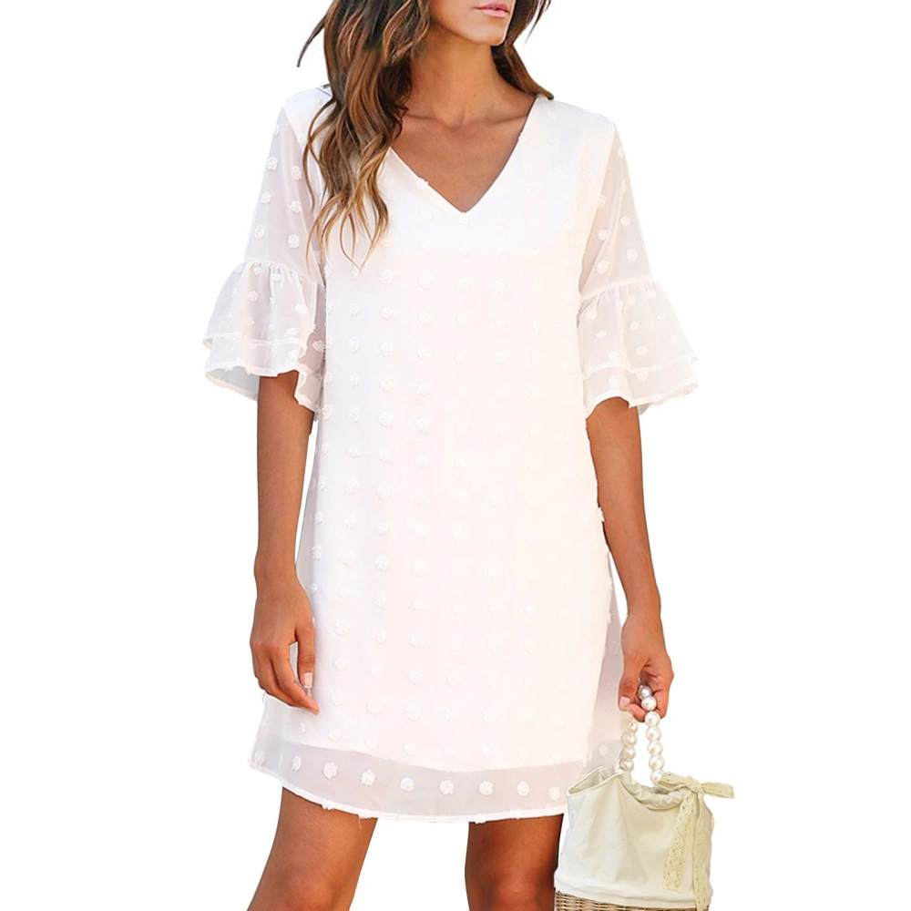 Women Short Sleeve Dress Double Layer Solid Color V-neck Chiffon Dress