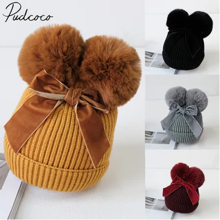 Kids Pompom Beanie Hat Bowknot Warm Stretchy Winter Solid Color Cap