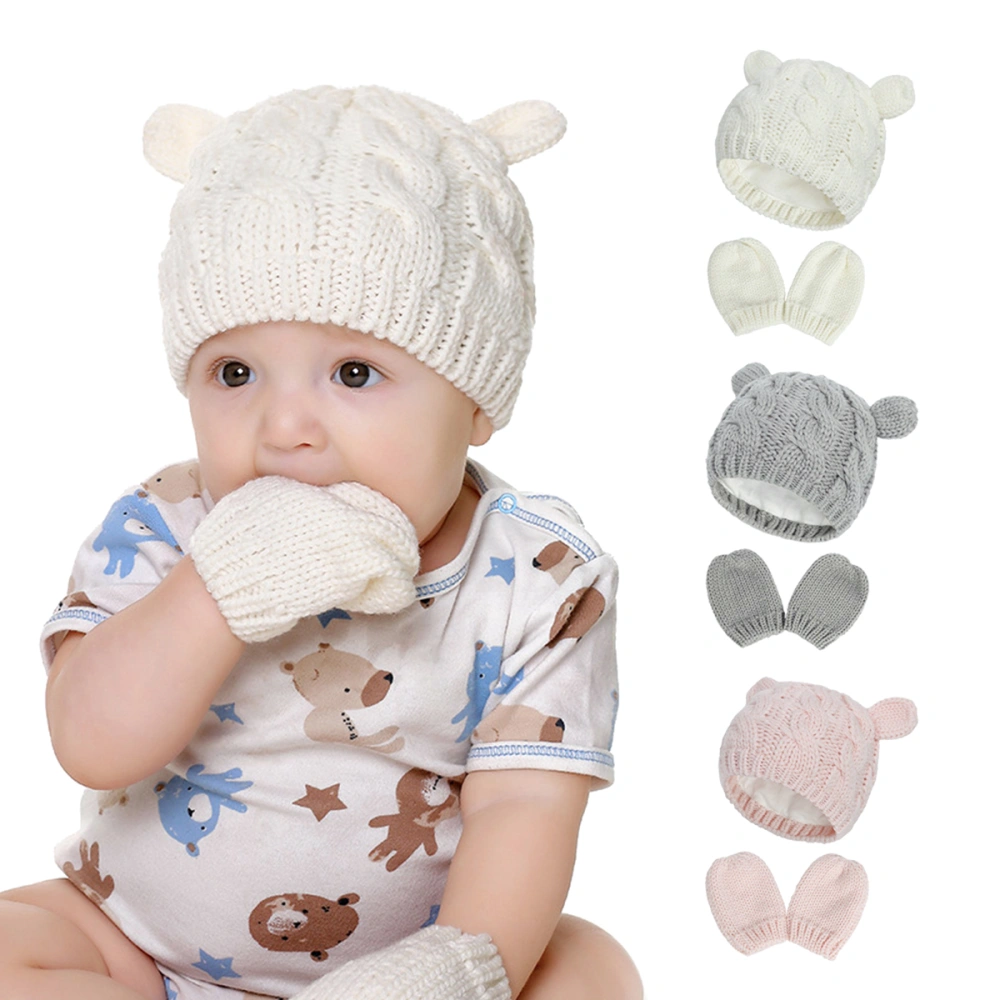 Baby Hats Gloves Sets, Solid Color Knitted Bear Ear Hats+Gloves Suits