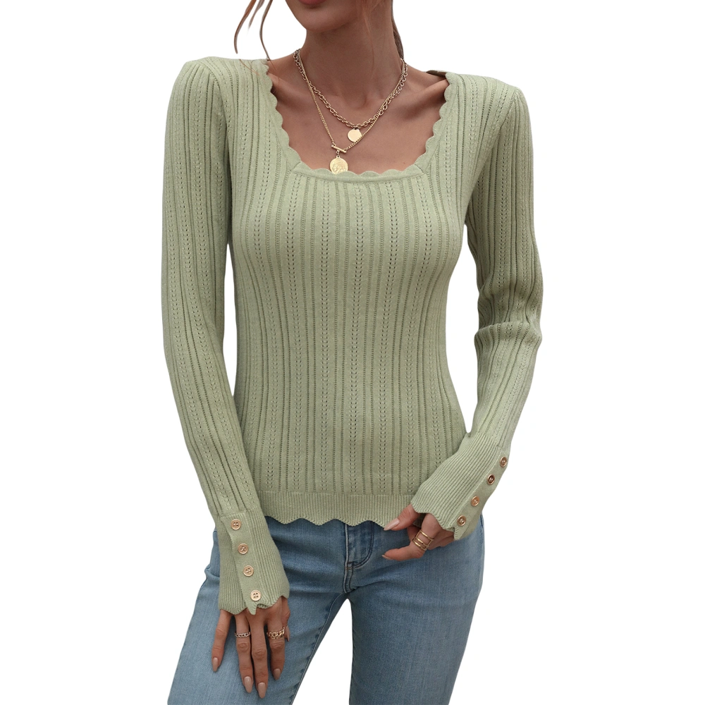 Women Solid Color U-neck Knitwear, Long Sleeve Slim Fit Pullover