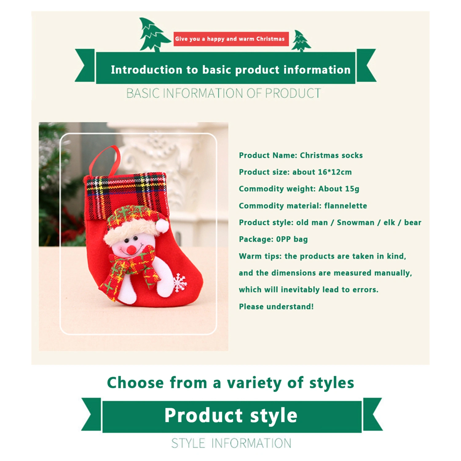 Christmas Stocking, Santa Claus/Snowman/Elk/Bear Candy Gift Bag