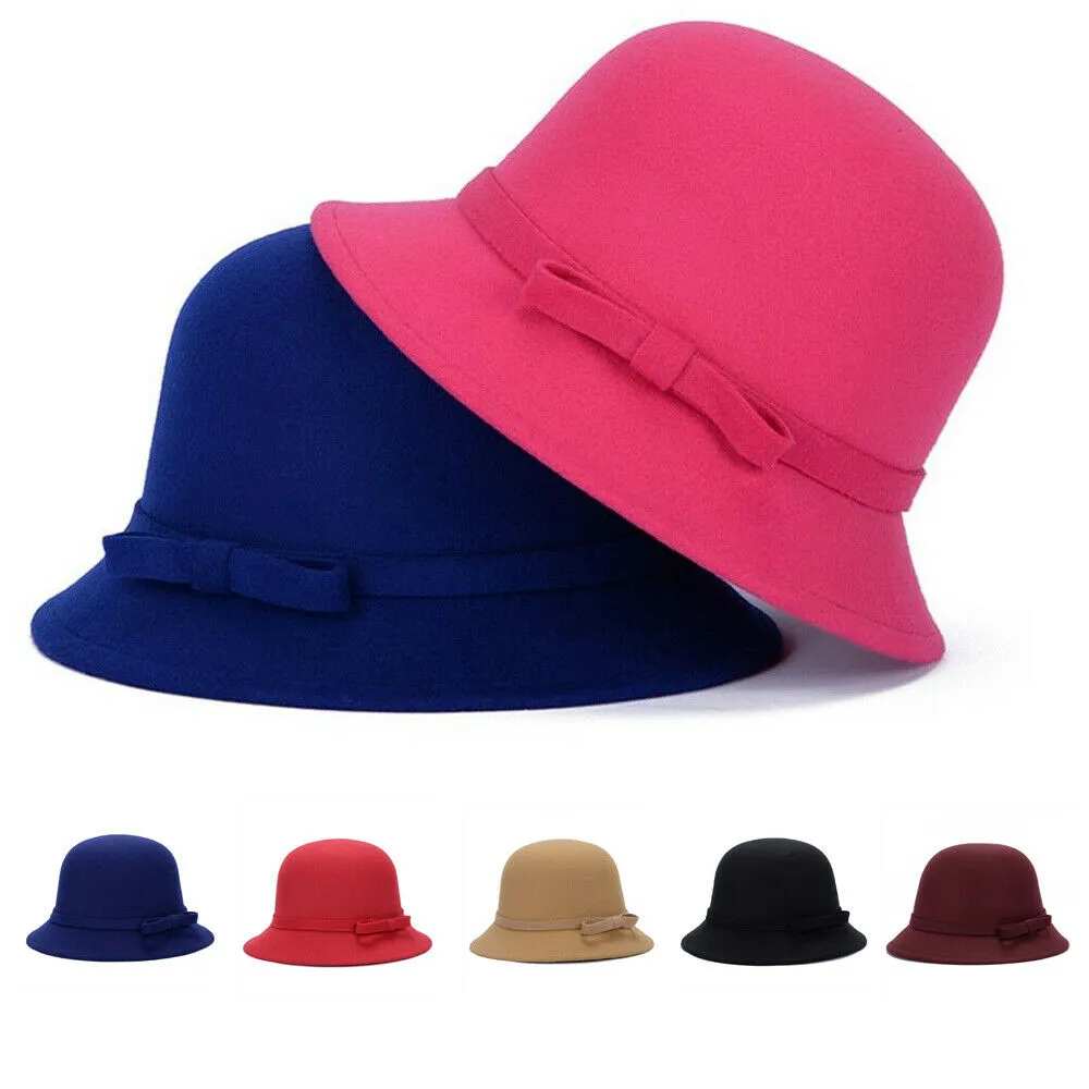 Women Vintage Round Fedoras, Flat Bowknot Cap, Wide Brim Bucket Hat