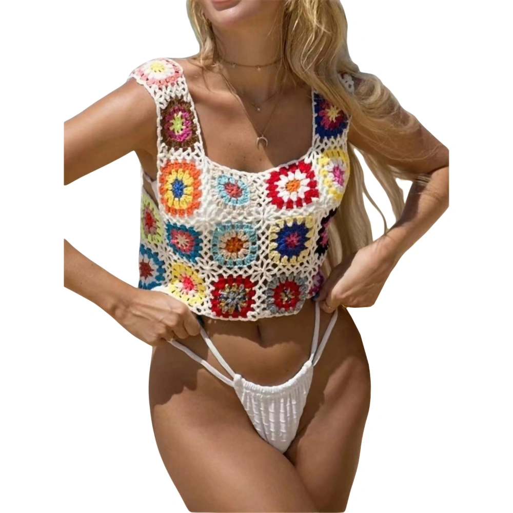 Women's Summer Sleeveless V Neck Floral Crochet Mini Sling Vest