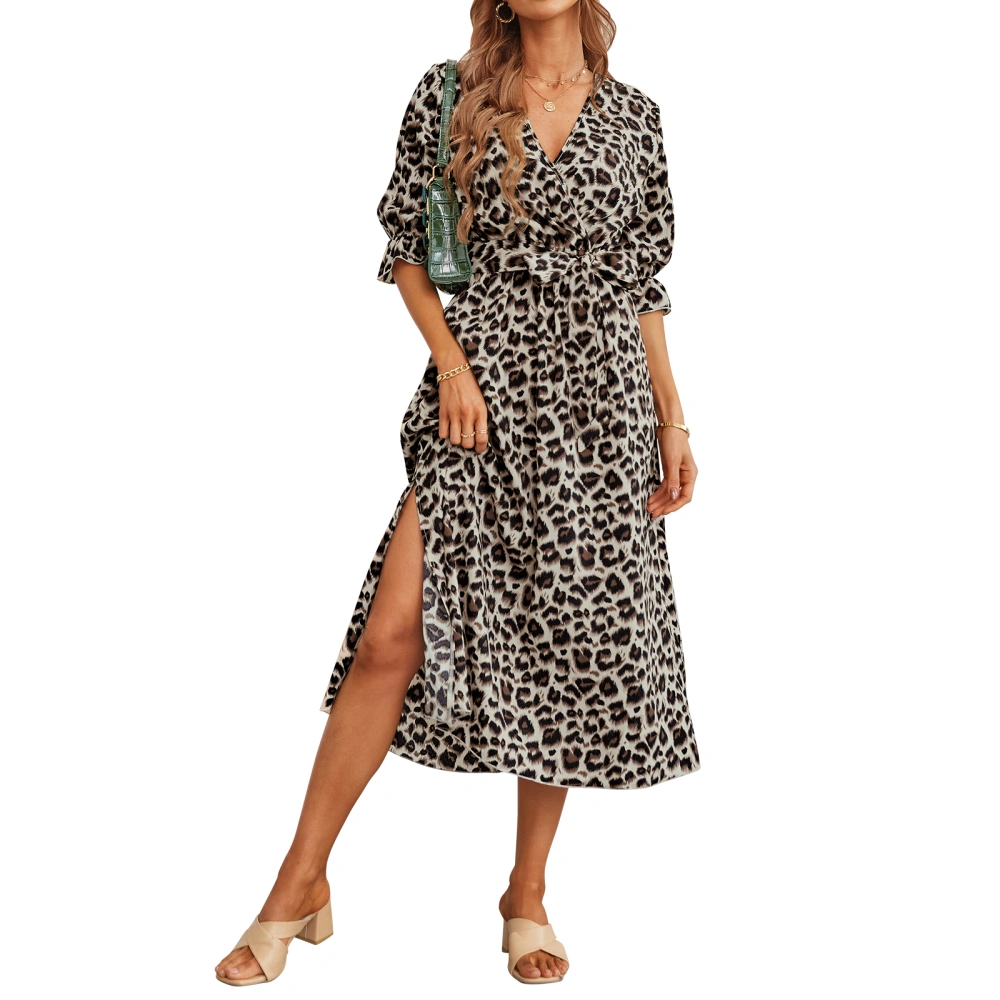 Ladies Elegant Dress Waist Tie 3/4 Sleeve Leopard Print V Neck Dress 