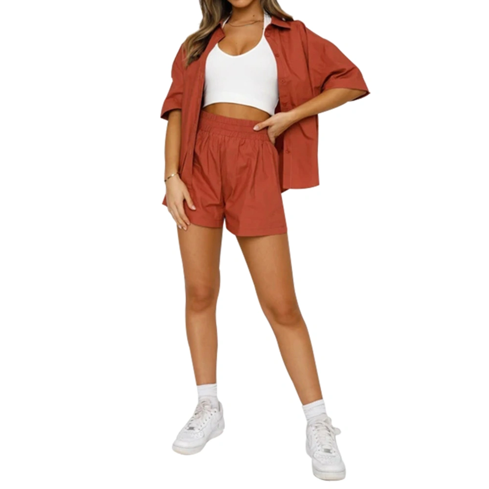 2Pcs Women Summer Outfit, Solid Color Half Sleeve Shirt + Shorts Set