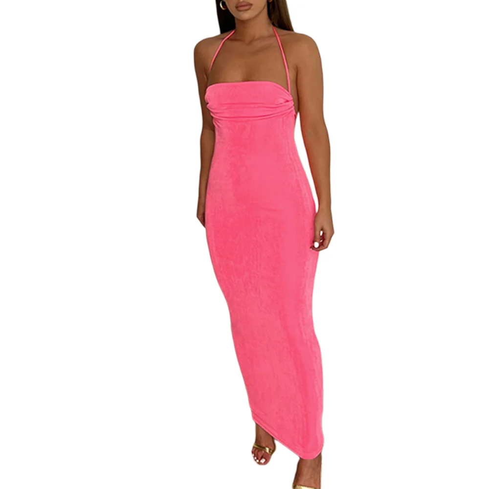 Women's Solid Color Dress, Sleeveless Halter Pure Color Backless Dress