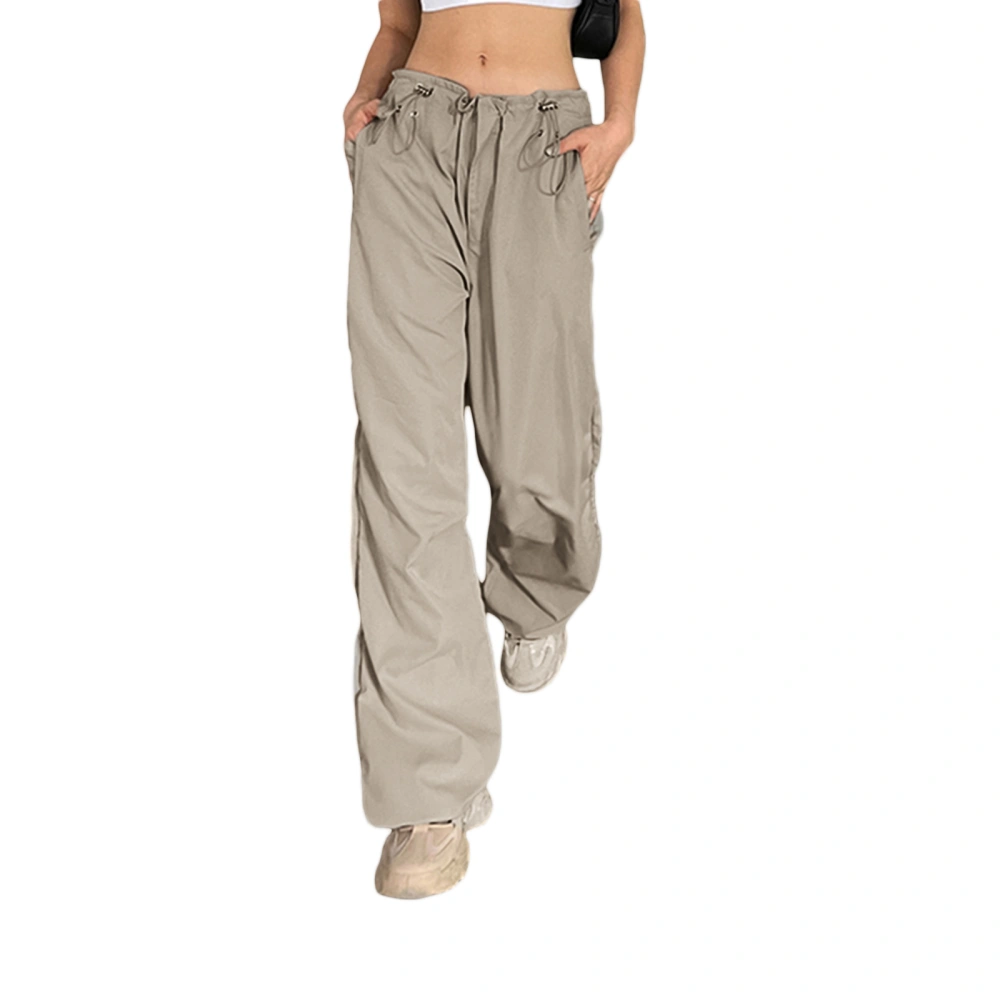 Women Drawstring Cargo Pants, Mid Waist Solid Color Pants with Pockets