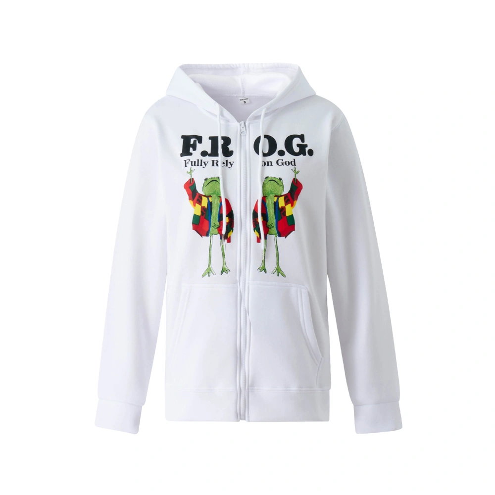 Women Zip Up Hoodie, Letters and Frog Printing Loose Fit Jacket