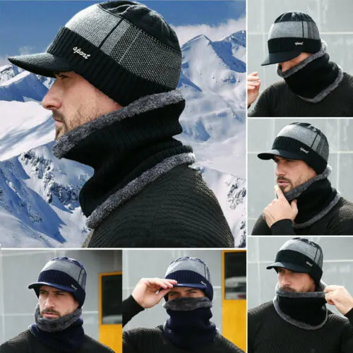 Male Hat Scarf Set, Hat Thick Fleece Lined Winter Skull Cap Scarf Sets