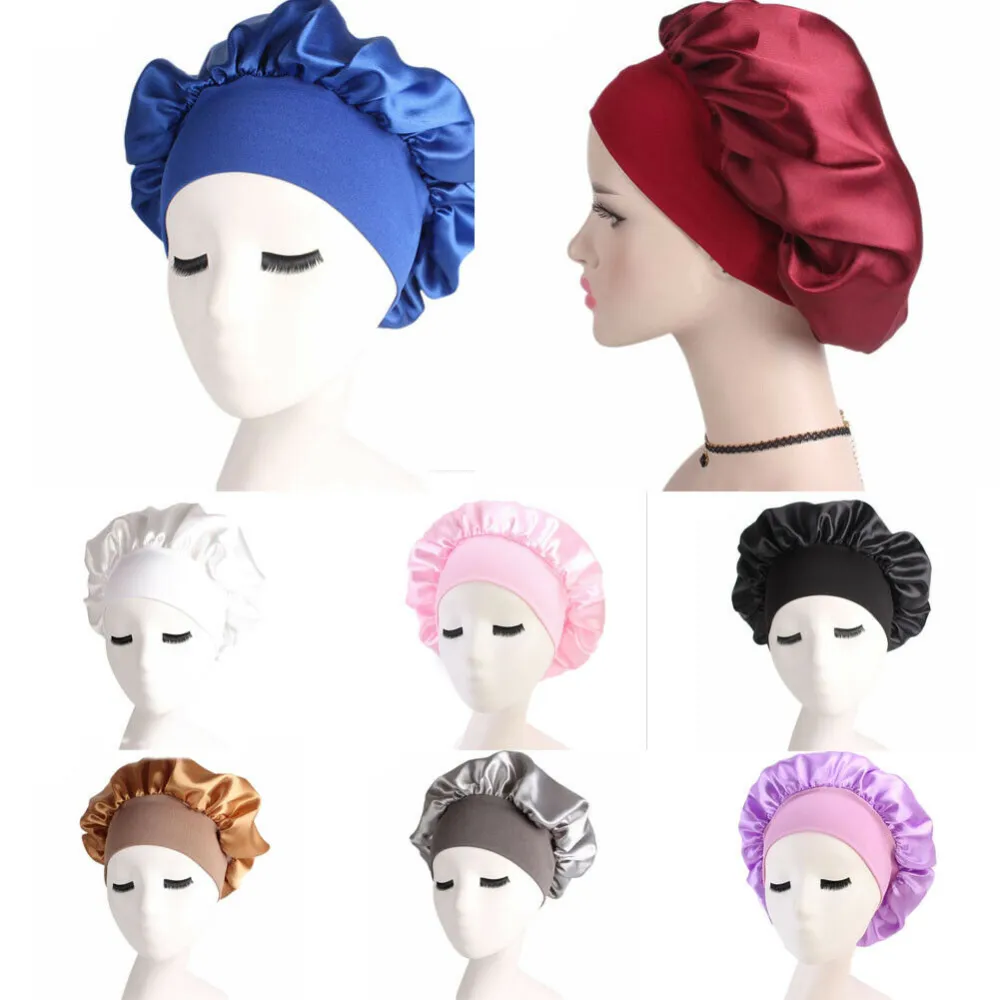 Women Sleeping Caps Satin Solid Color Stretch Bonnets Hair Hat for Daily Use