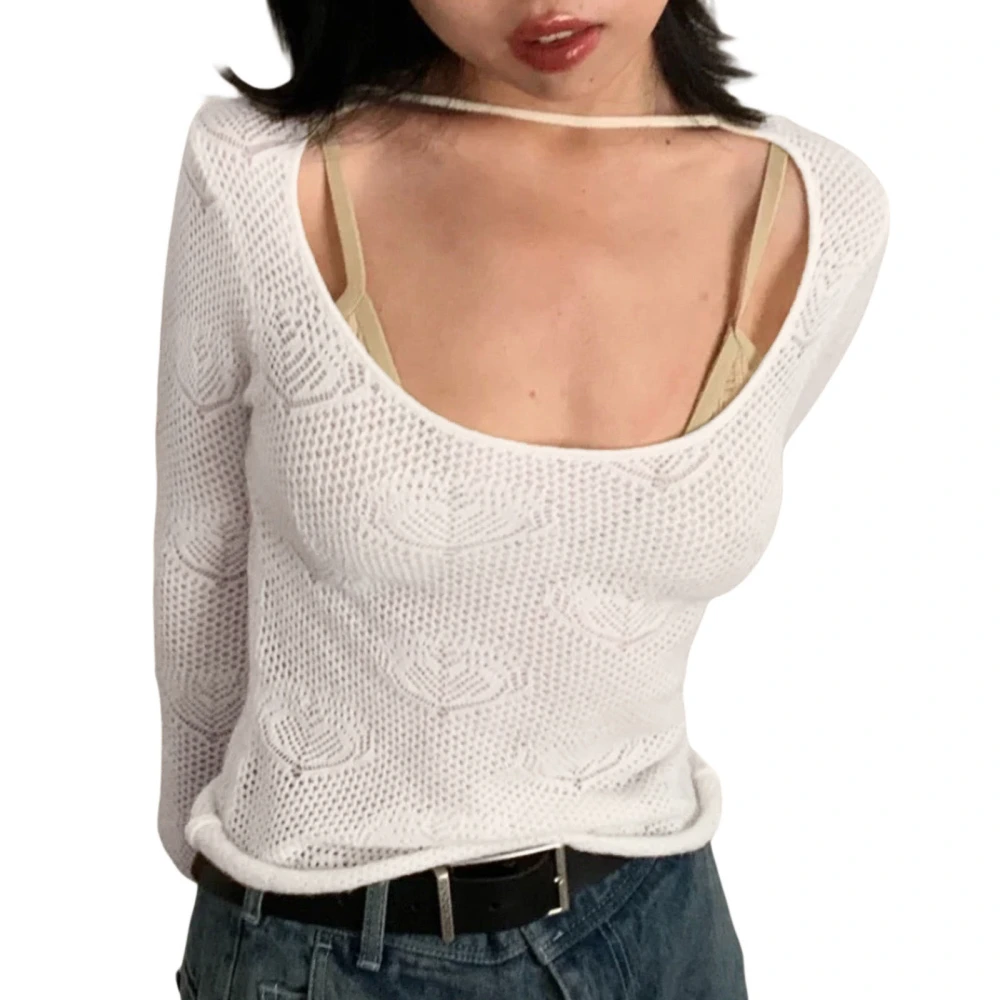 Women Hollow Out Solid Color Long Sleeve Close-fitting Cropped Tops