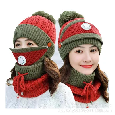 Women Warm Plush Lined Pom Pom Knit Beanie Hat with Mouth Mask and Scarf