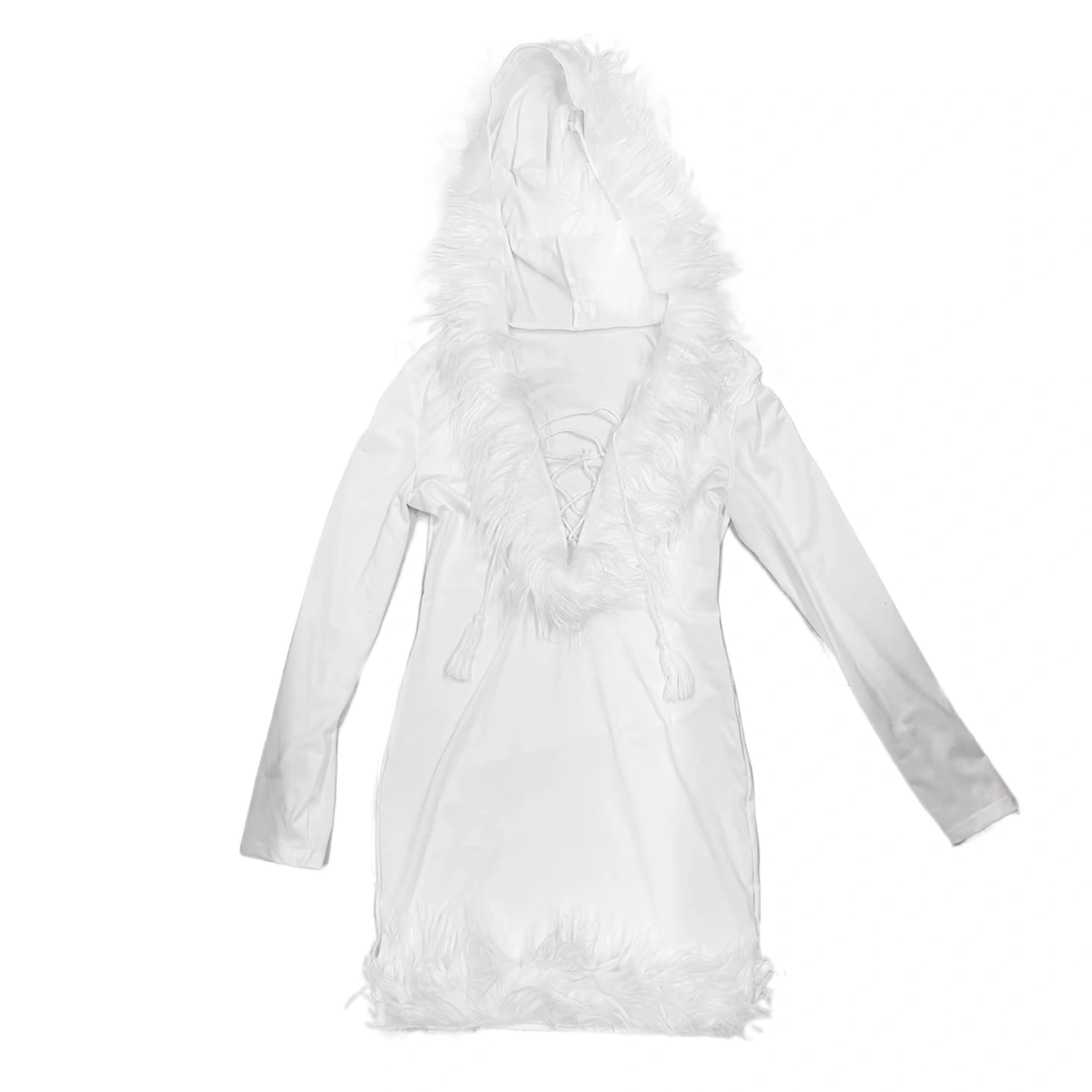 Women Plush Hem Tie Up V-Neck Hooded Dress for Christmas Party