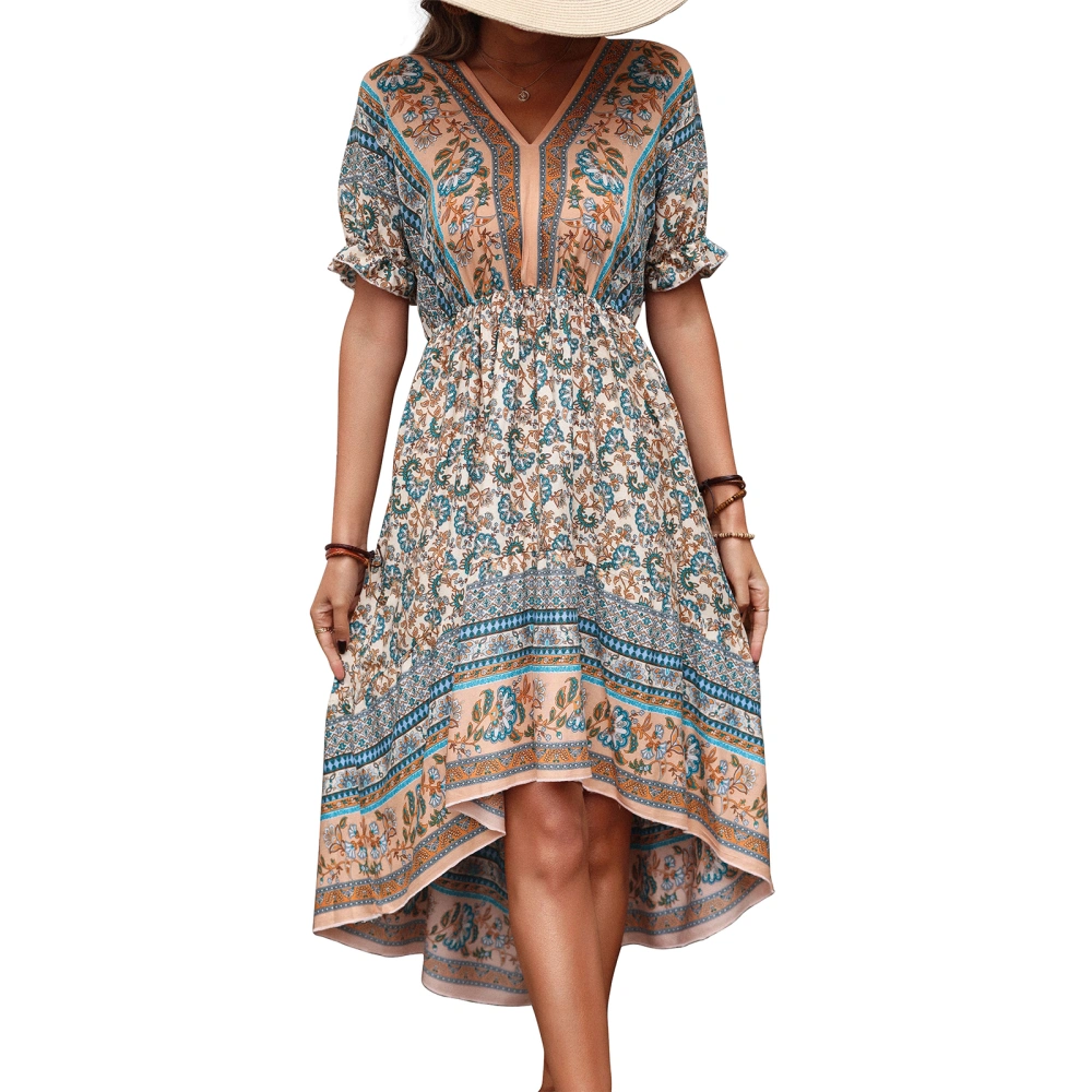 Women’s Printed Tie-up Backless Short Sleeve Irregular Midi Dress