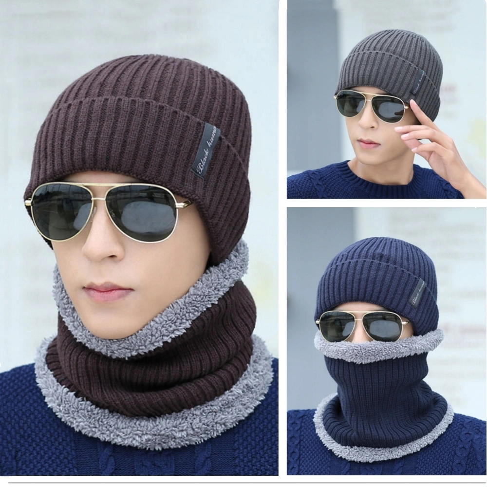 Adult Winter Headwear Suit, Knitted Beanie Hat, Round Plush Neck Scarf