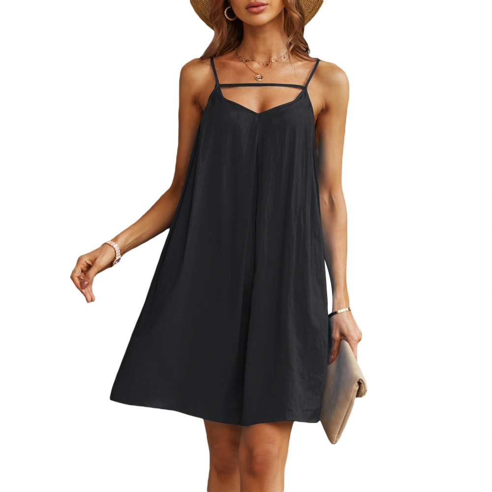 Women Sleeveless Dress with Hollow Trim, Spaghetti Straps Clothing