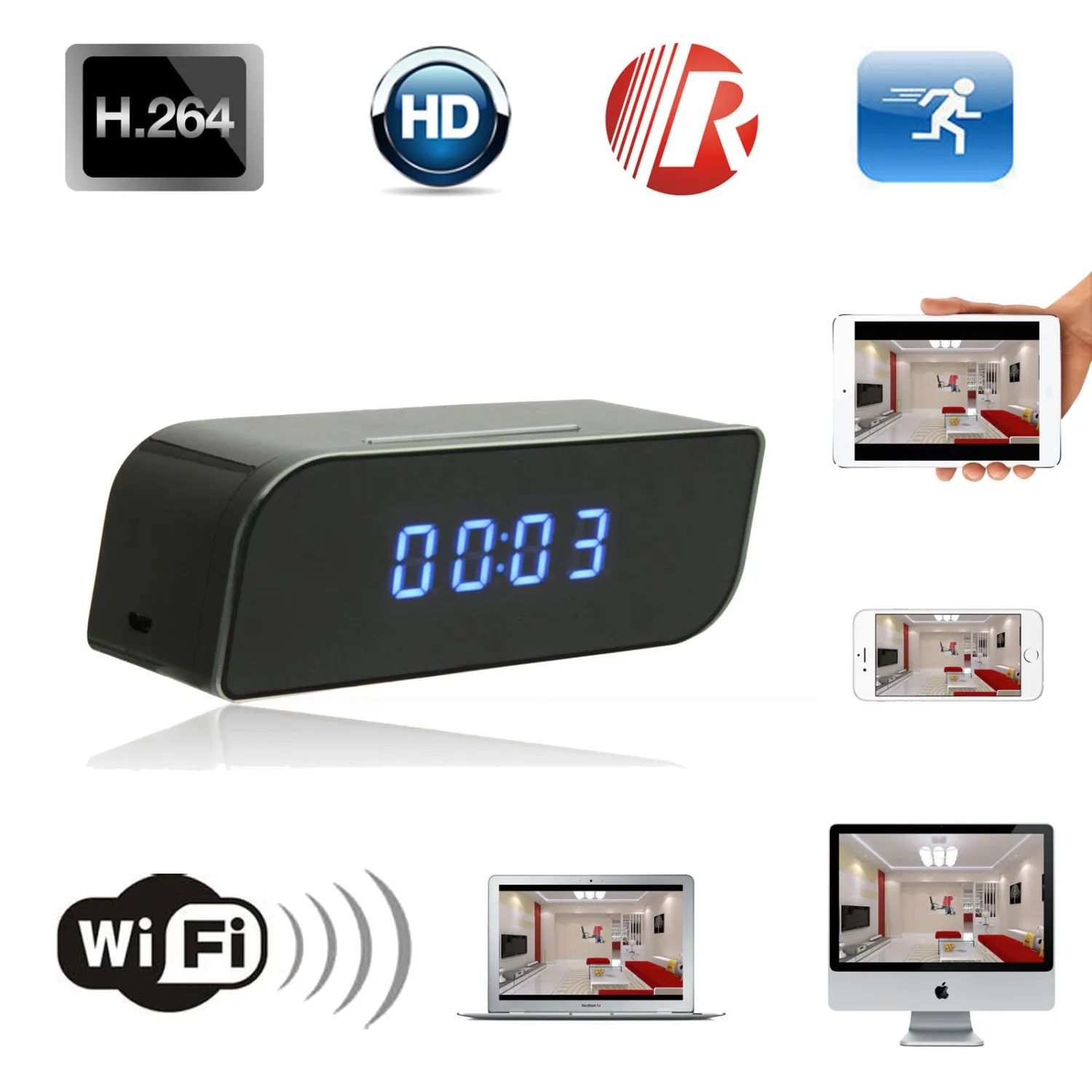 WiFi Hidden Camera Alarm Clock, Night Vision Motion Detector
