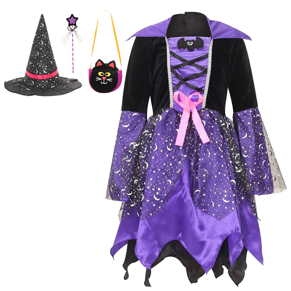 Halloween Witch Costume for Girls Dress with Witch Hat Wand Bag Set 