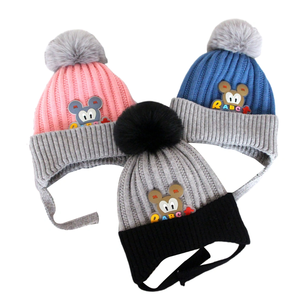 Kids Warm Knitted Skiing Knit Cap with Ear Flaps and Pom Pom