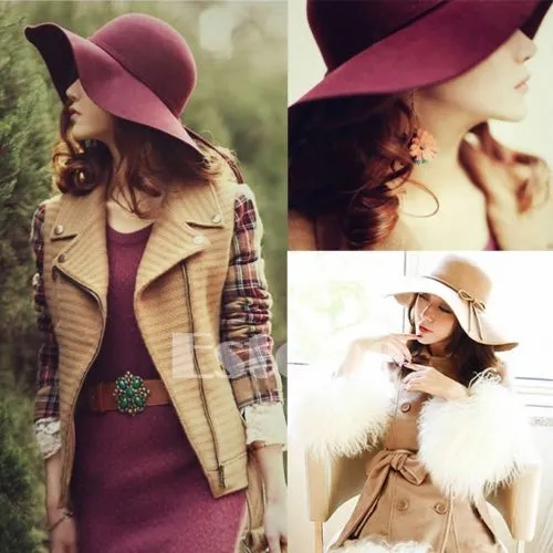 Women Wide Brimmed Hat, Foldable Retro Hat, Felt Bowler Sun Cap