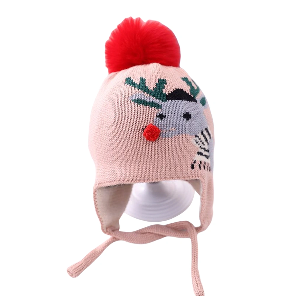 Infant Christmas Knitted Beanie, Cartoon Reindeer Cap with Fuzzy Ball