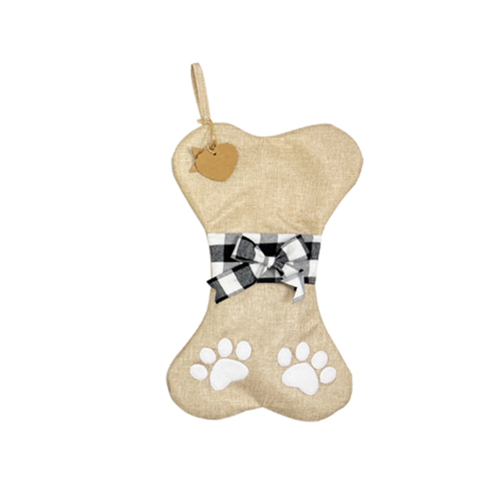 Bone-shaped Christmas Stocking, Plaid and Claw Print Hanging Gift Bag