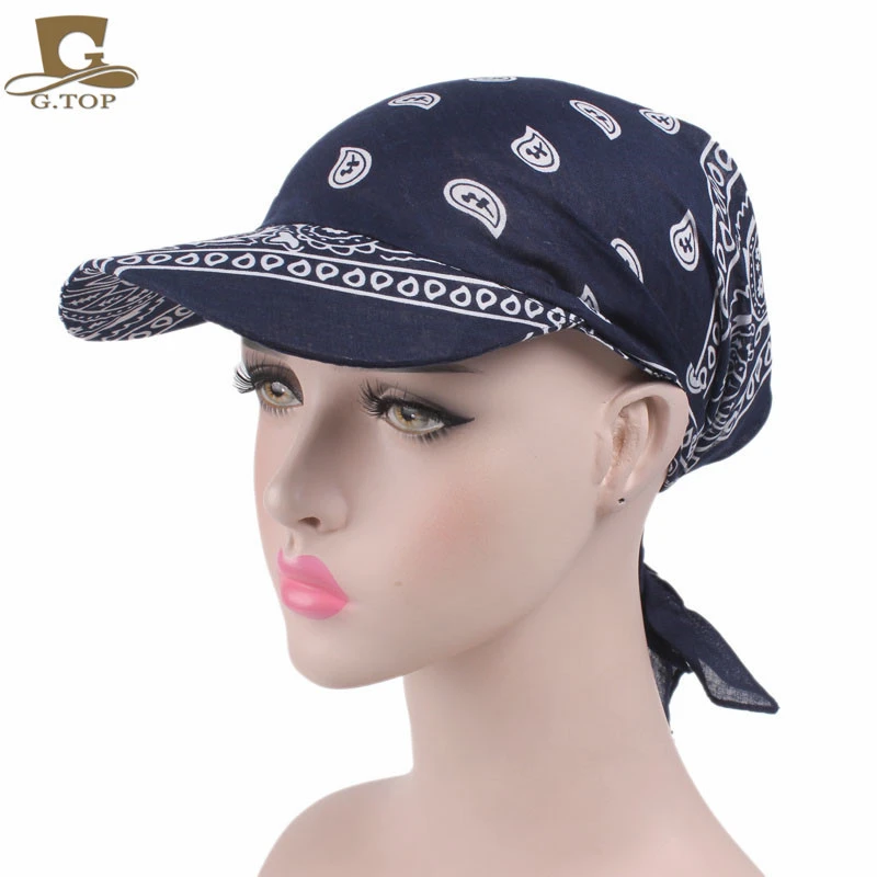 Women Head Wrap Sun Caps, Printed Adjustable Curved Visor Outdoor Hats