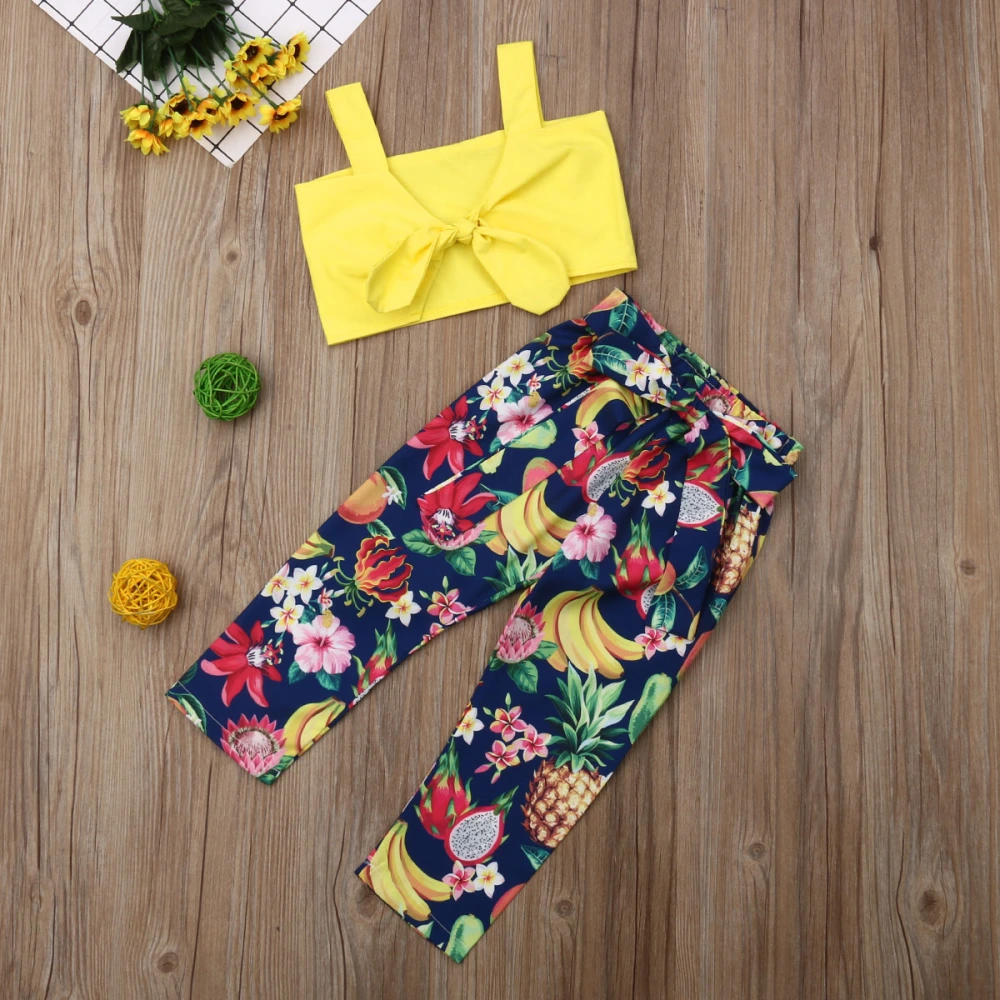 Girl 2 Pieces Outfit, Bowknot Sleeveless Tube Tops + Fruit Print Pant