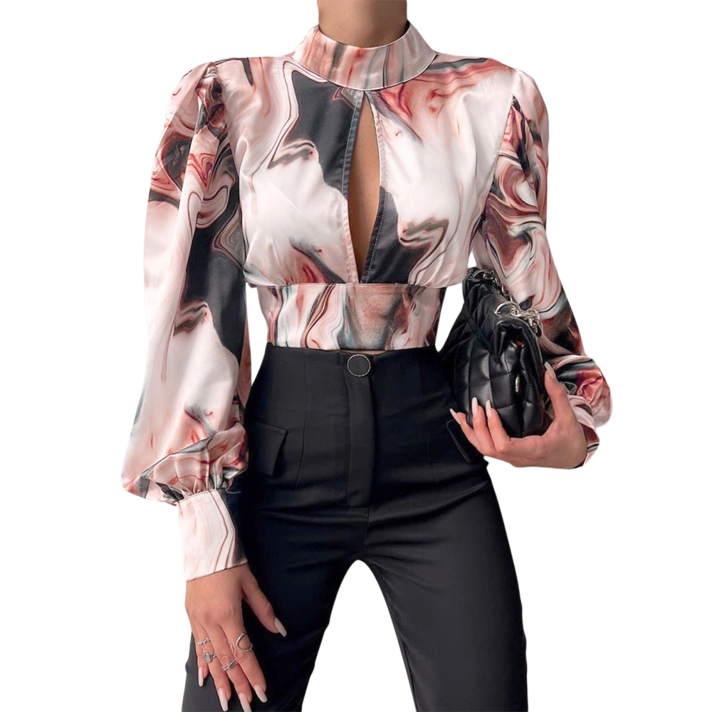 Women Blouse, Printed Pattern Long Puff Sleeve Cutout Shirt Tops