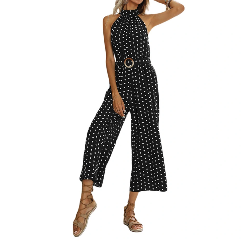 Women Sleeveless Jumpsuit with Dots Pattern, Loose Legs Clothing