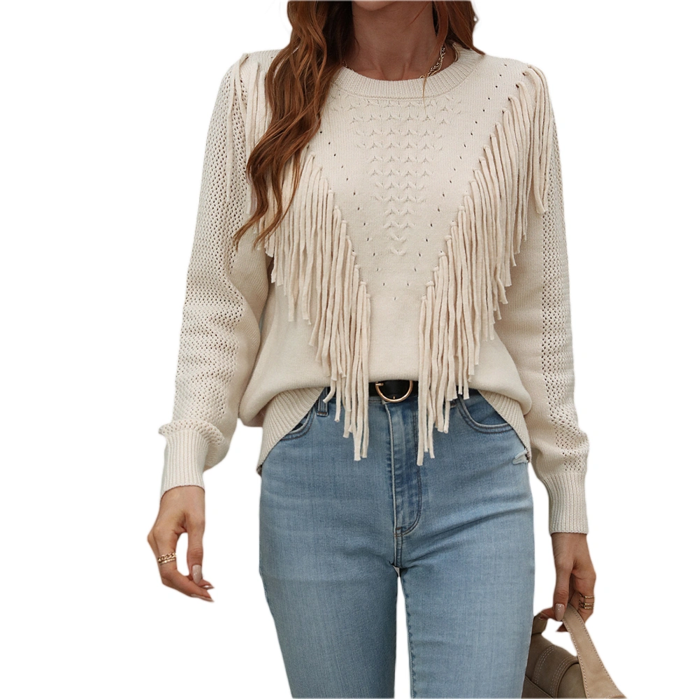 Women Solid Knitwear, Long Sleeve Fringe Hole Loose Sweater Tops