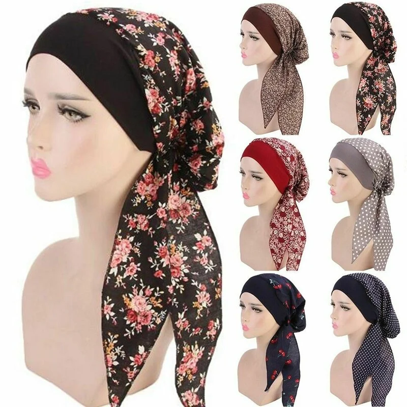 Women Elastic Cap, Head Wrap Cap, Print Night Turban Headwear