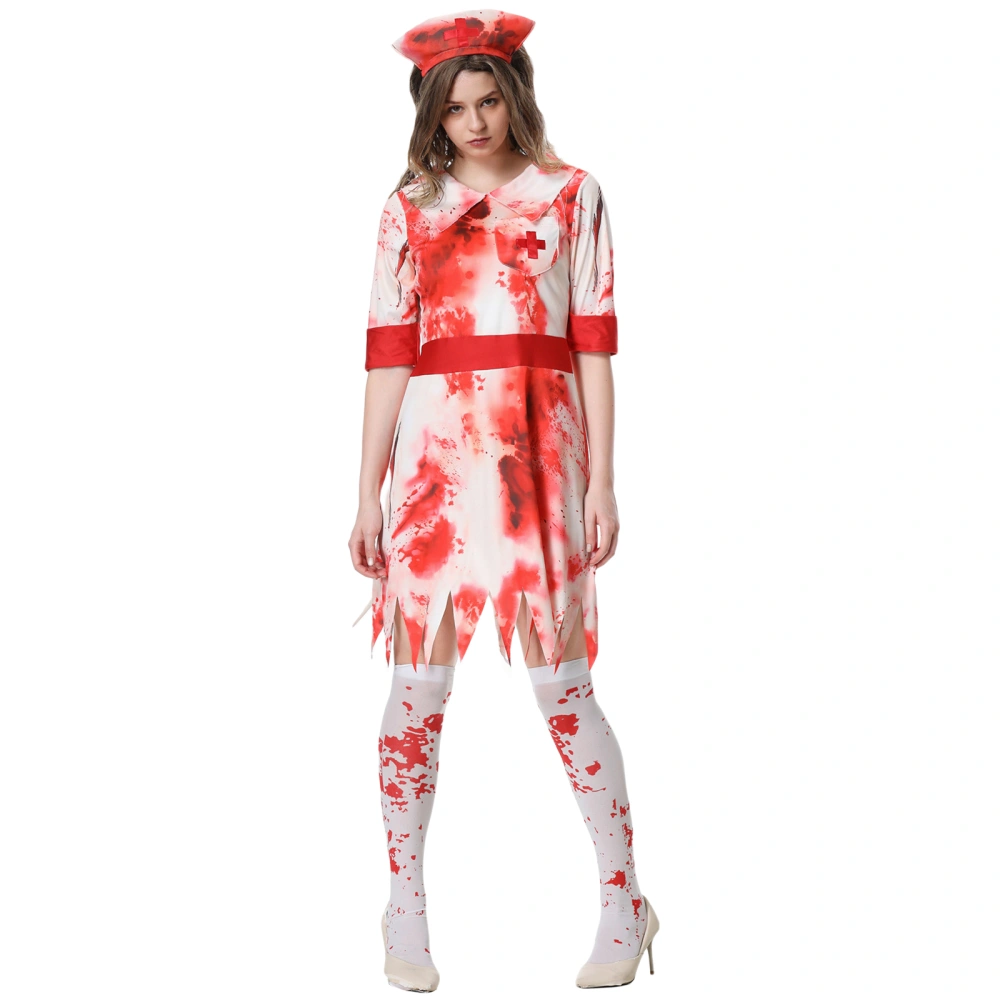 Women Halloween Nurse Costumes Bloody Short Sleeve Dress with Hat 