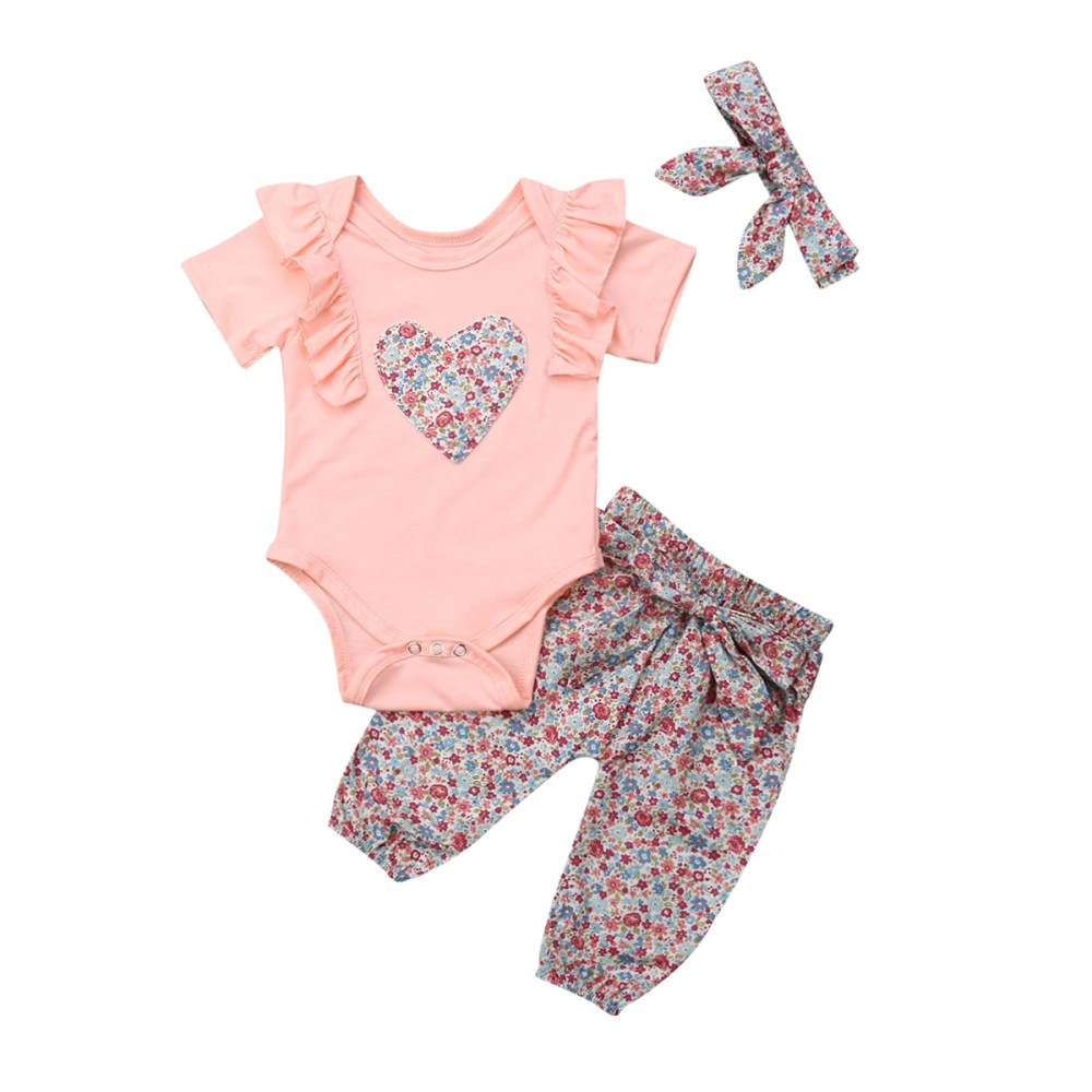 Girls's Fly Sleeve Romper, Floral Long Pants and Headband for Summer