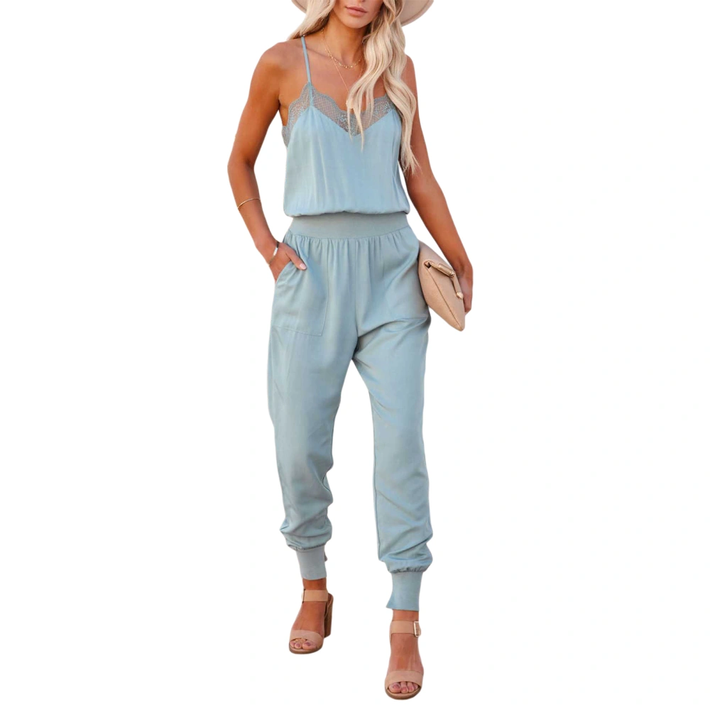 Women Jumpsuit, Lace Patchwork V-Neck Strappy Jumpsuit with Pocket