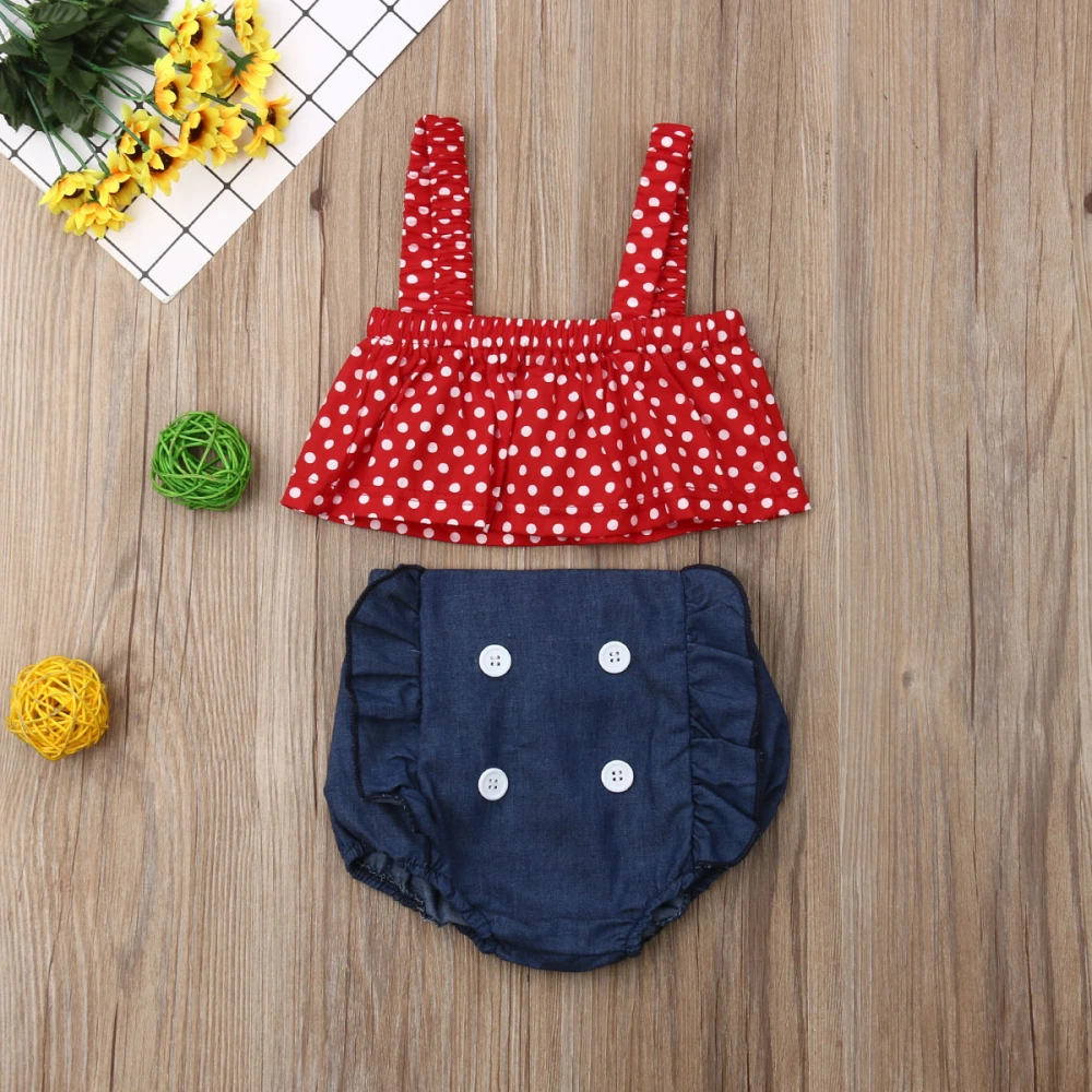 Summer Baby Girl Two Pieces Classic Polka Dot Tank Top+Denim Shorts