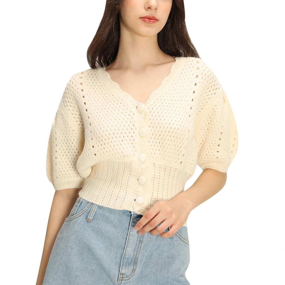 Female Crops Tops, Solid Color Elbow Sleeve Knitted Cardigan Blouse