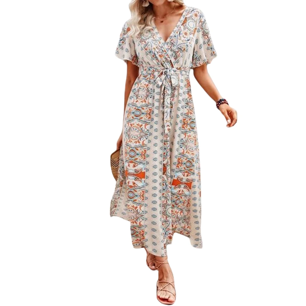 Women's Short Sleeve Long Dress, Bohemian Style Print Tie-Up Dress