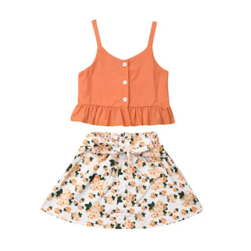 Baby Girls Summer Clothes Set Solid Color Button Ruffle Camisole+Floral Skirt