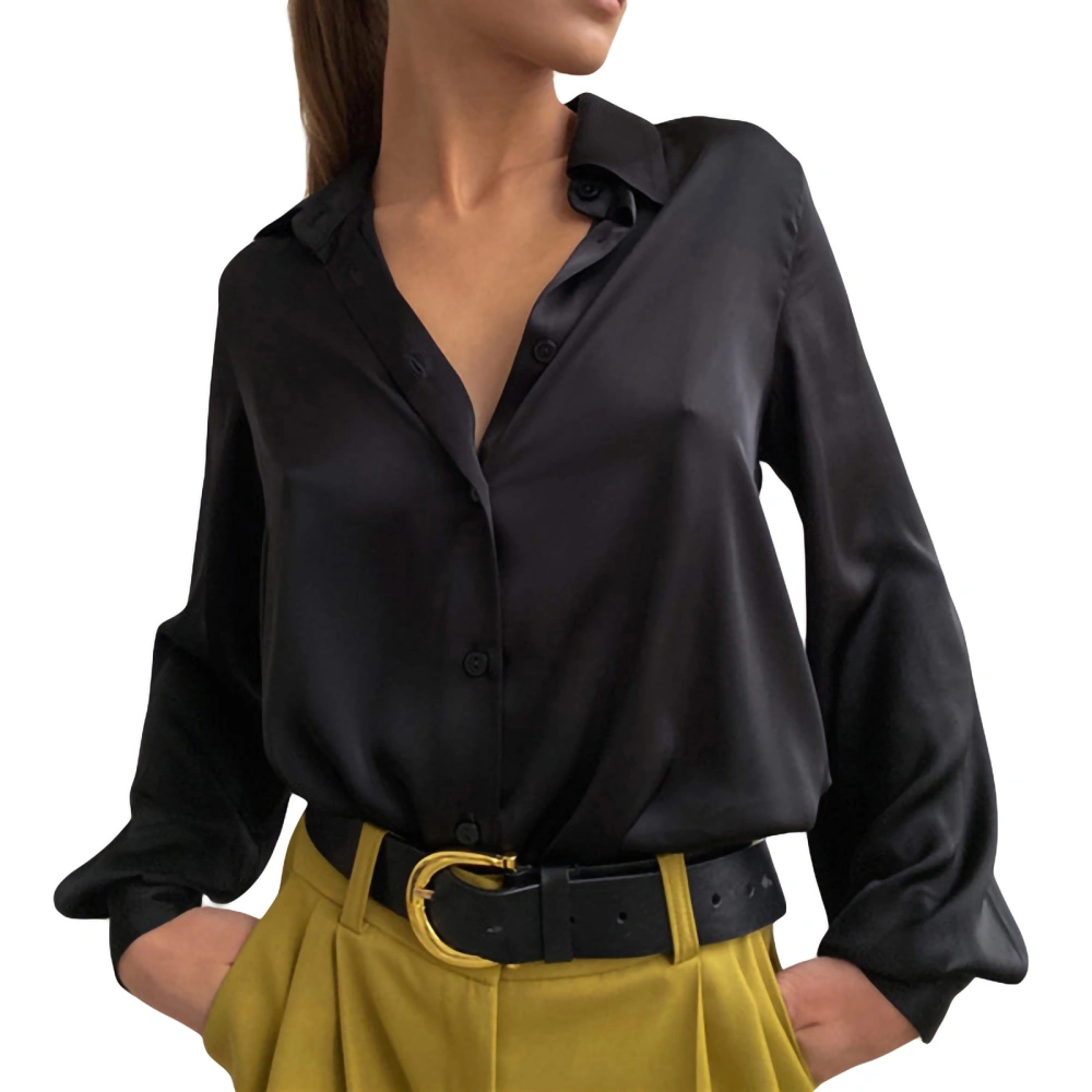 Women Button Up Satin T-shirt Solid Color Long Sleeve Office Tops 