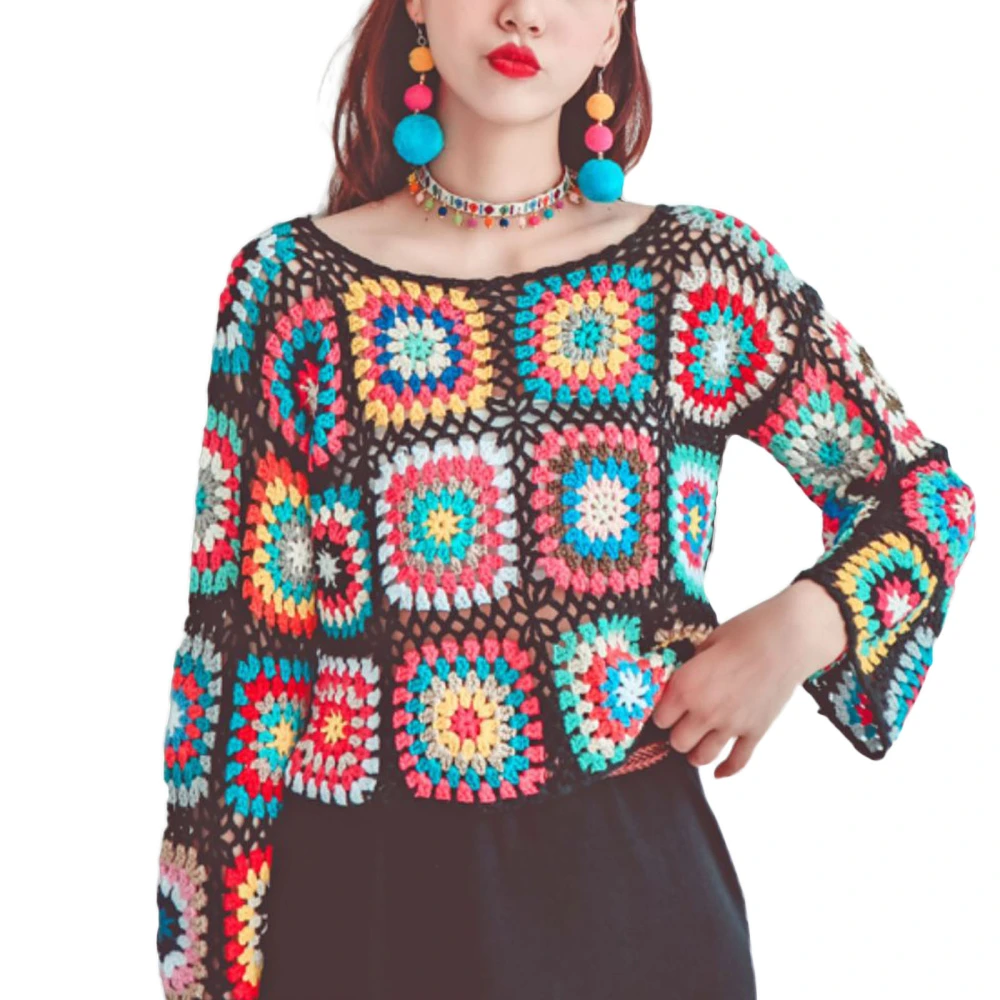 Women Sweater, Crochet Long Sleeve Crew Variegated Hollow Knitwear