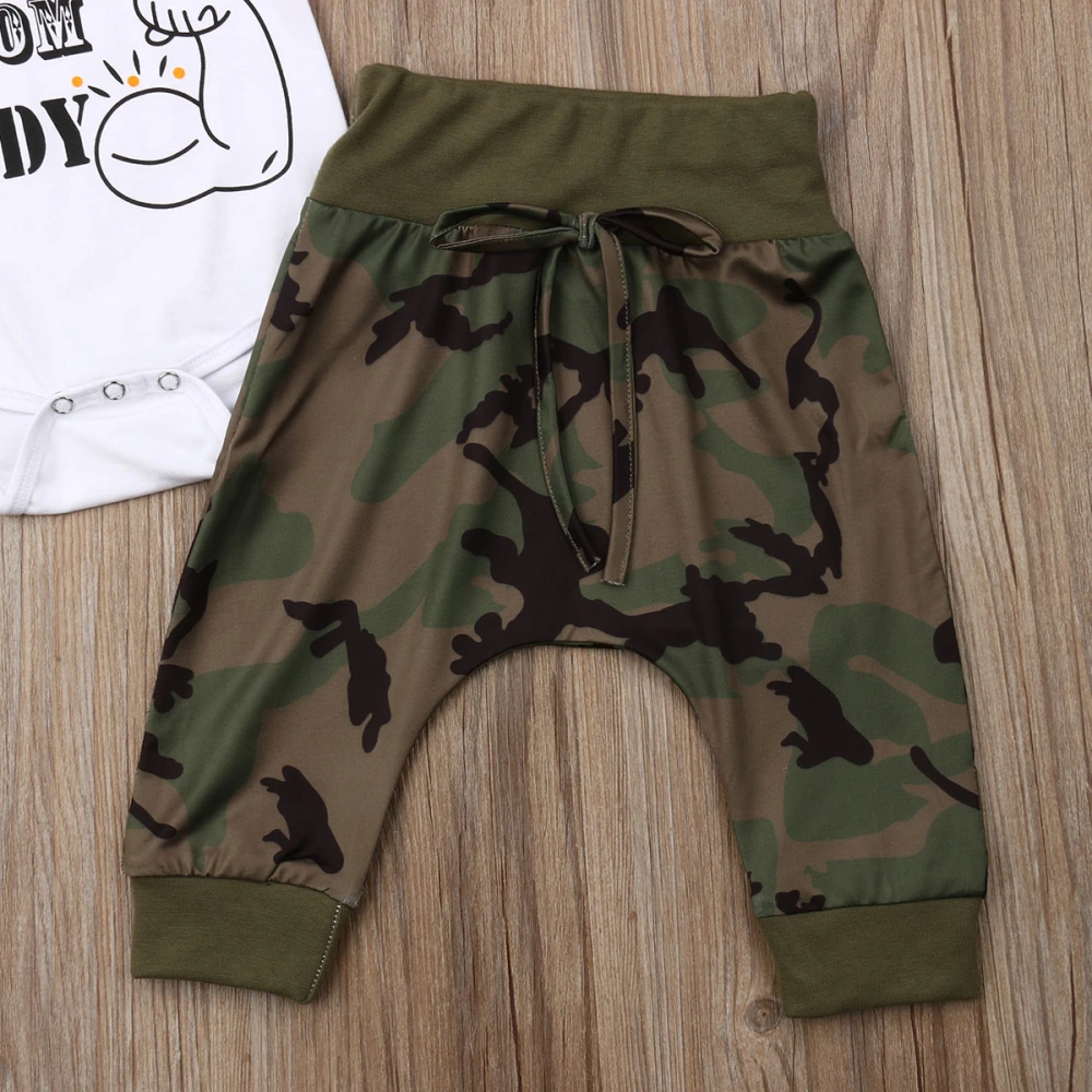 Boy's White Letter Print Romper + Camouflage Drawstring Pants