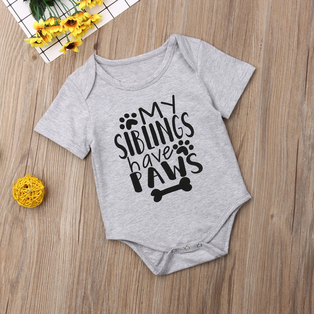 Newborn Baby Letter Printed Bodysuit, Short Sleeve Dog Paw Print Jumpsuit