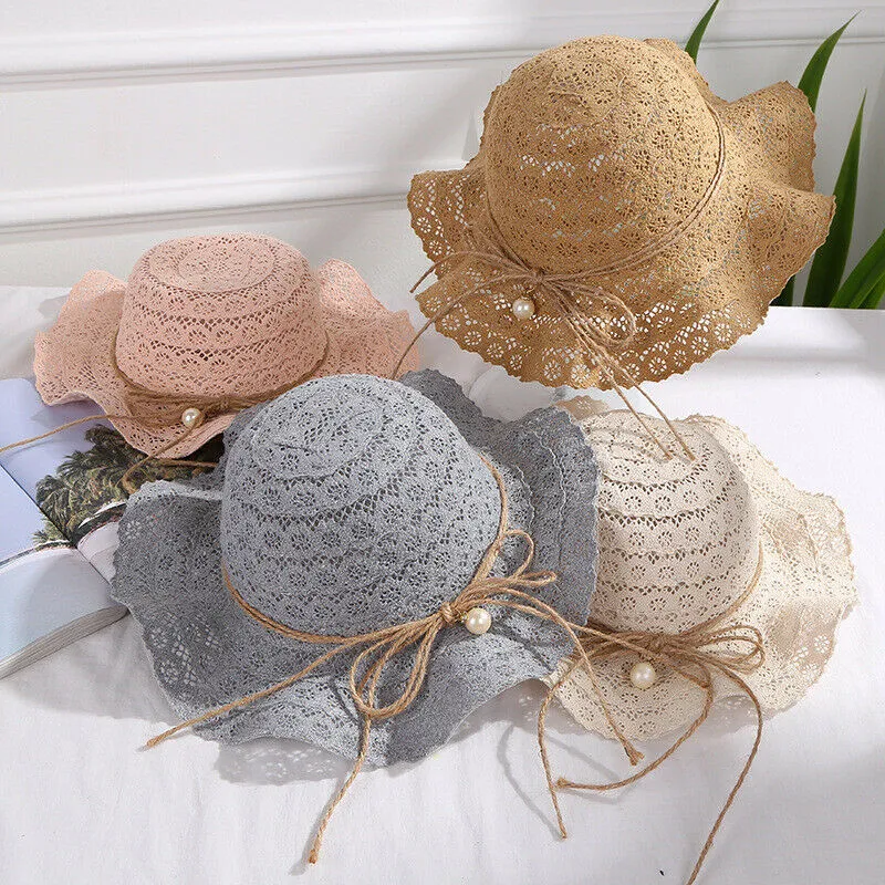 Kids Girls Straw Sun Hat Lace Wave Beach Bucket Hat Hollow Cap